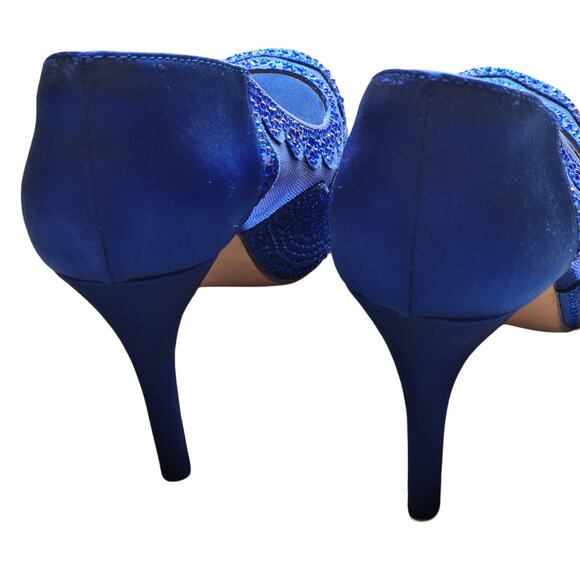 Blue Satin Open Toe Beaded Stiletto High Heel Pump Shoes 7 - Picture 4 of 7